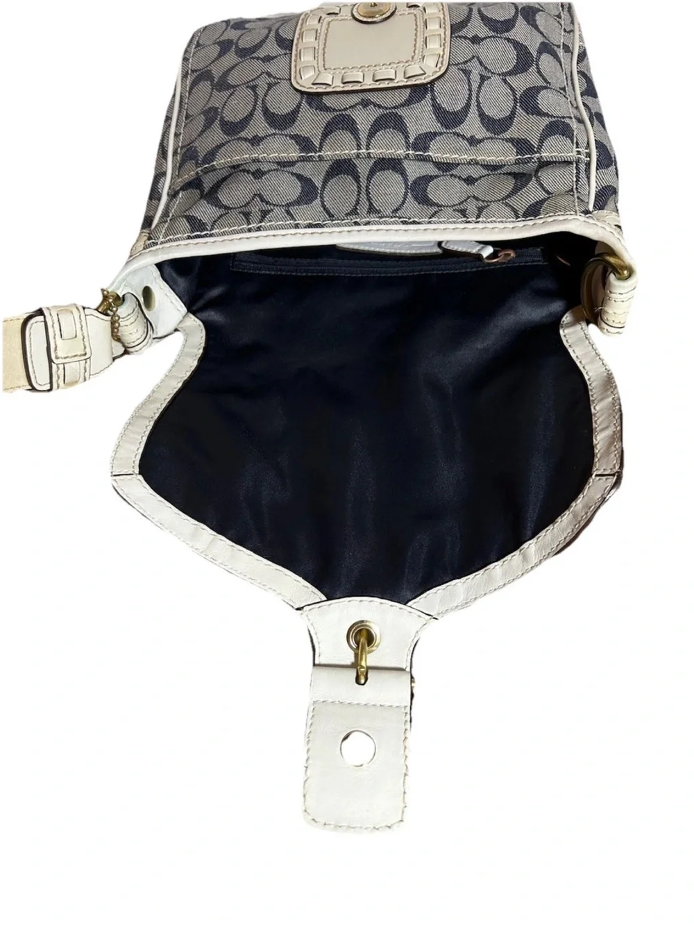 Coach Legacy Shoulder Bag, Signature Blue Denim, White Laced Leather/Trim, Brass